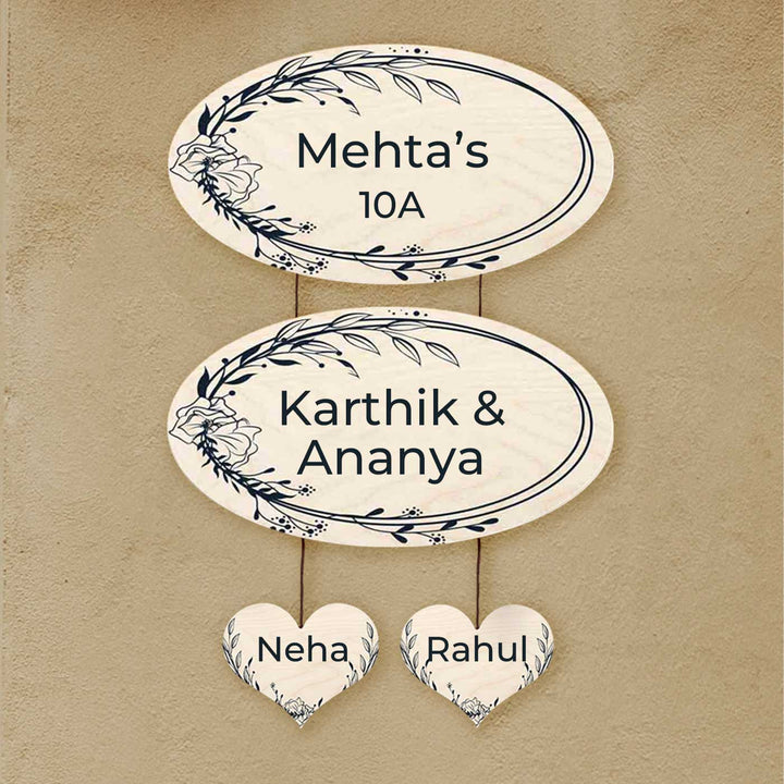 Printed Floral Wooden Oval Nameplate For Couples - Wall Hanging with Name Personalization