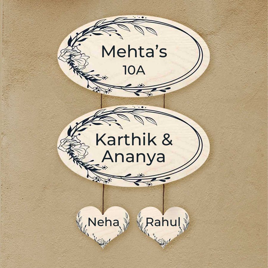 Printed Floral Wooden Oval Nameplate For Couples - Wall Hanging with Name Personalization