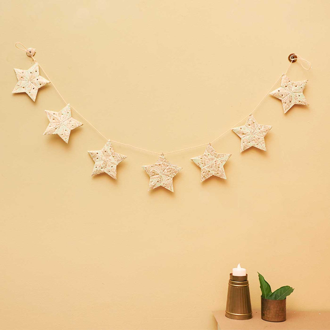 Handmade Paper Anokhi Sea Foam Star Bunting - Hung Decor Hanging on Wall