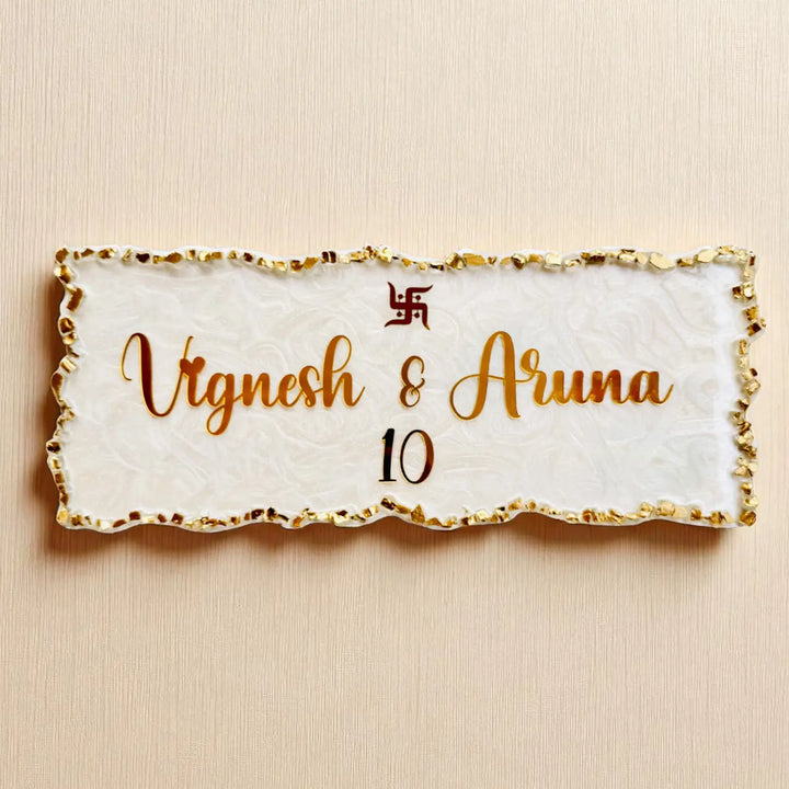 White & Gold Personalized Marble Effect Rectangle Resin Name Plate | With 3D Acrylic Letters & Gold Stone Embellishment