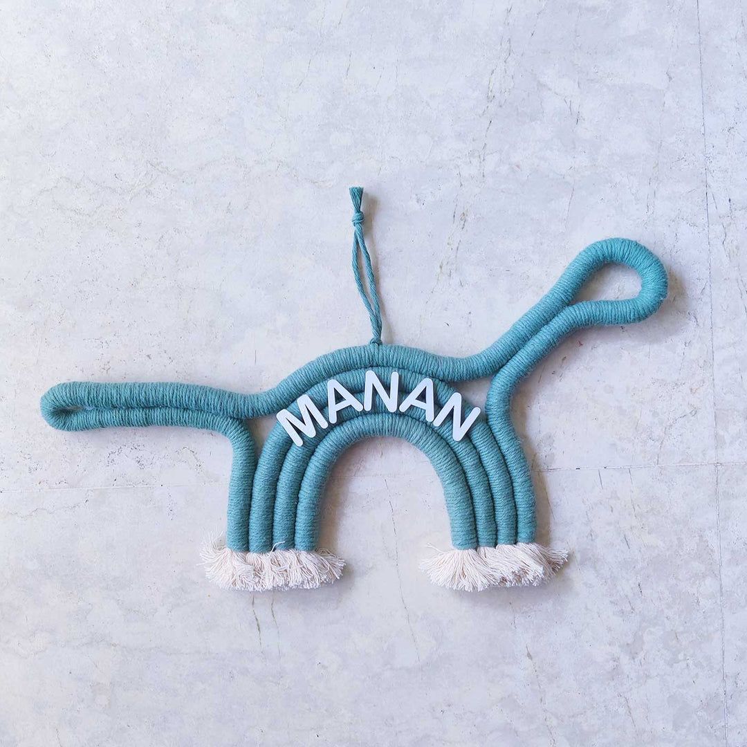 Personalized Handmade Macrame Dinosaur Kids Name Plate With 3D Letters - Name Personalization Example Front View