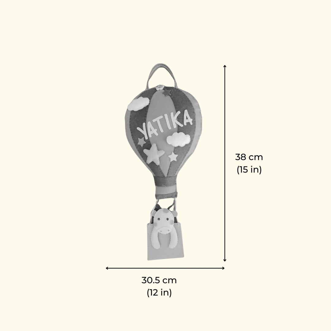 Personalized Handmade Hot Air Ballon Felt Name Plate - Dimension Chart with Height and Width