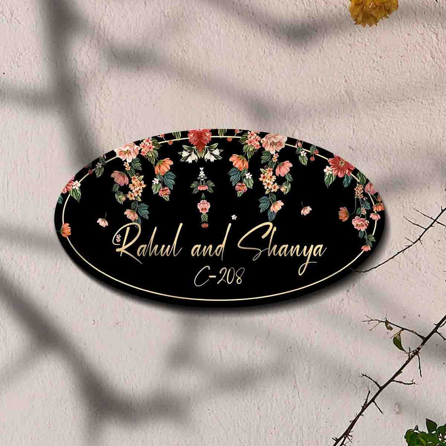 Elegant Oval Printed Wooden Nameplate - Front View on Wall Background