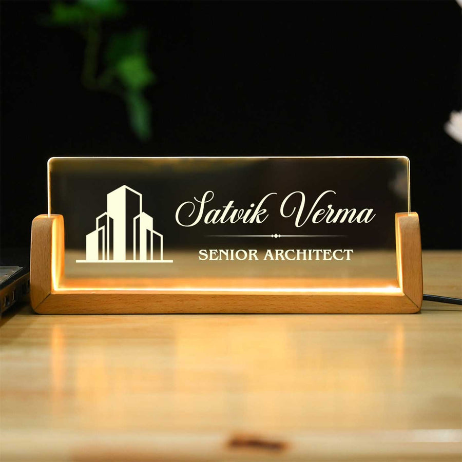 Personalized Architect Sleek Glass Desk Nameplate With Led Light - Front View on Wooden Base