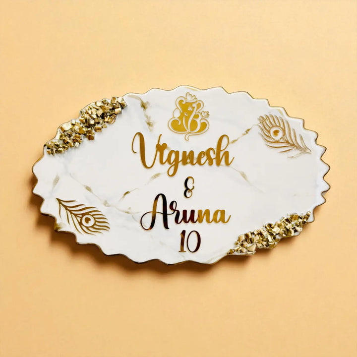 White & Gold Personalized Marble Effect Oval Resin Name Plate | With 3D Acrylic Letters & Gold Stone Embellishment