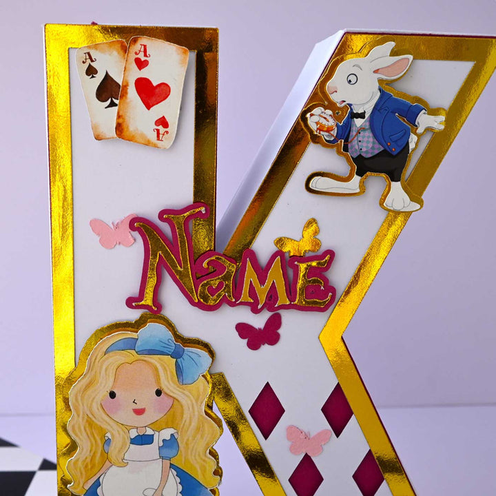 Personalized Printed Alice In Wonderland 3D Cardstock Monogram For Kids - Front View with Character Decorations