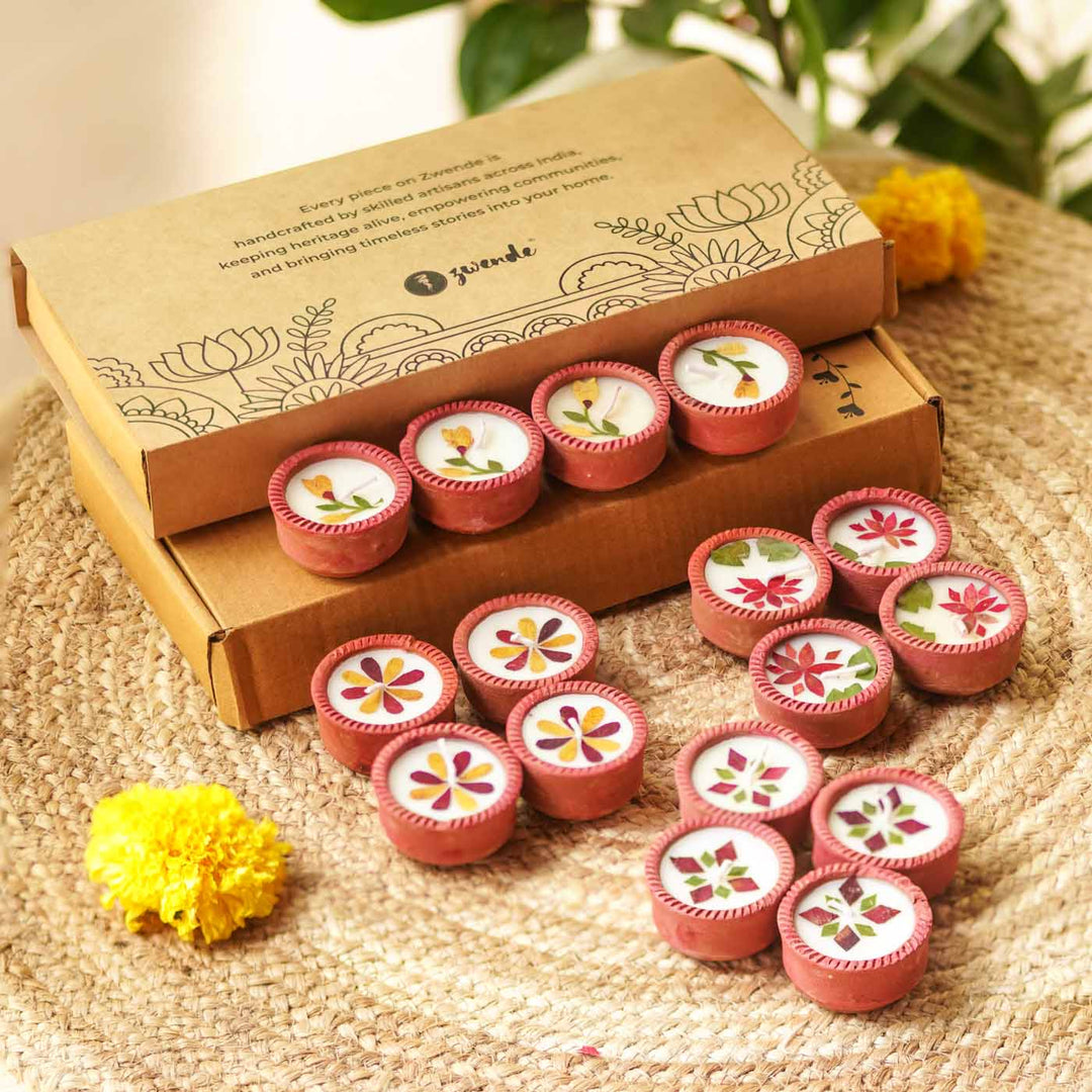 16 Diyas | Soy Wax & Dry Flower Terracota Festive Diyas | 2 Boxes, 8 Diyas per Box