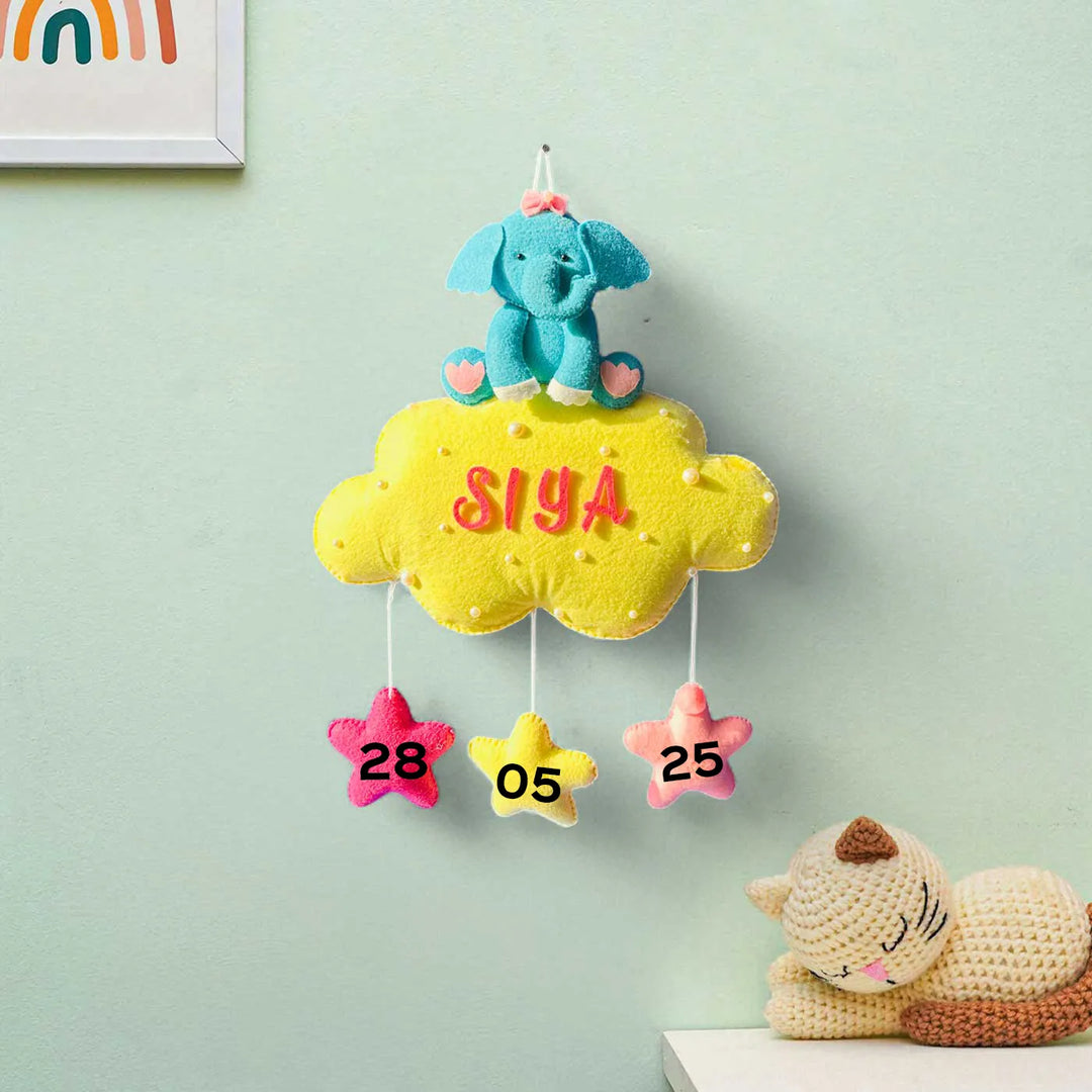 Personalized Handmade Animals On Cloud Theme Felt Kids Name Plate With Date of Birth