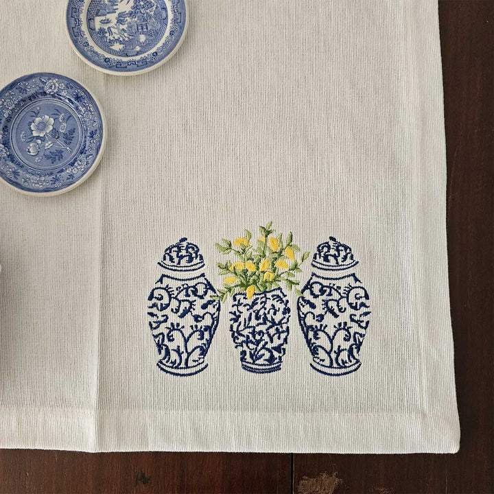 4 Pc | Embroidered White & Blue Pottery Cotton Table Mat