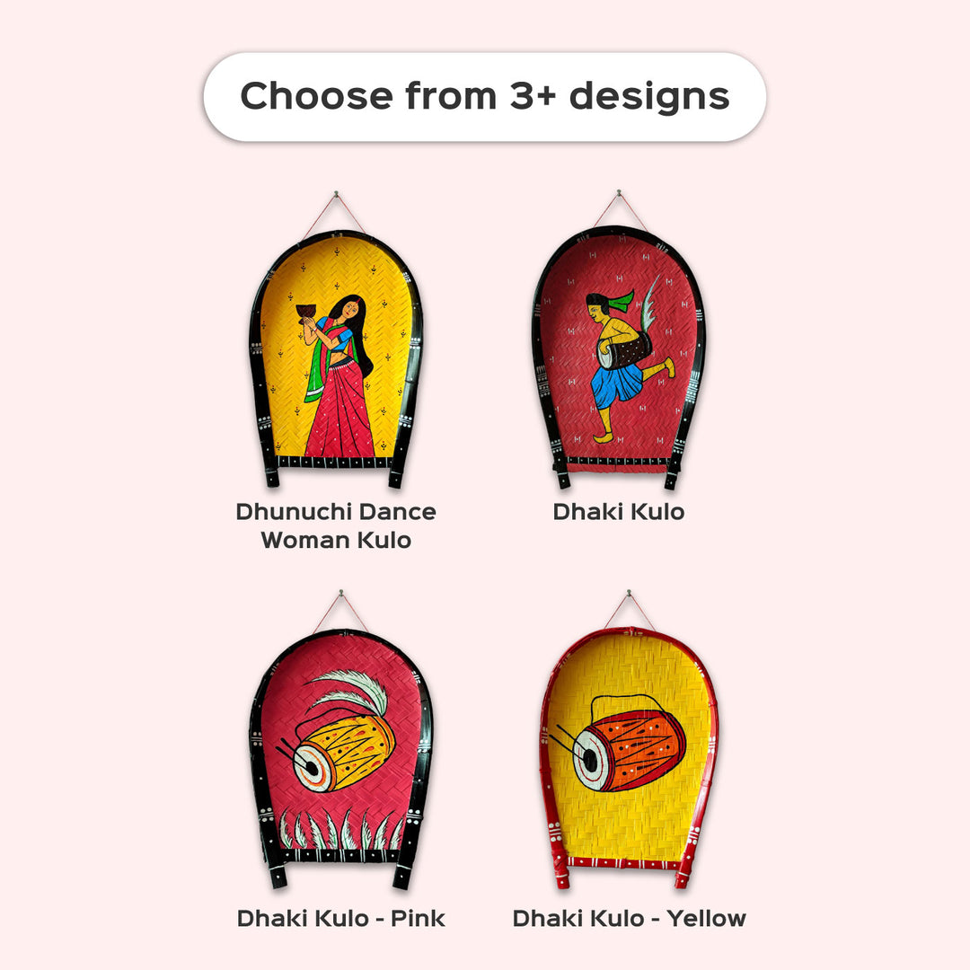 Handpainted Dhak Kulo | Yellow Durga Pujo Themed Bamboo Wall Decor