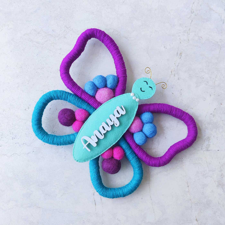 Personalized Handmade Macrame Butterfly Kids Name Plate With 3D Letters - Personalization Close-up Front View