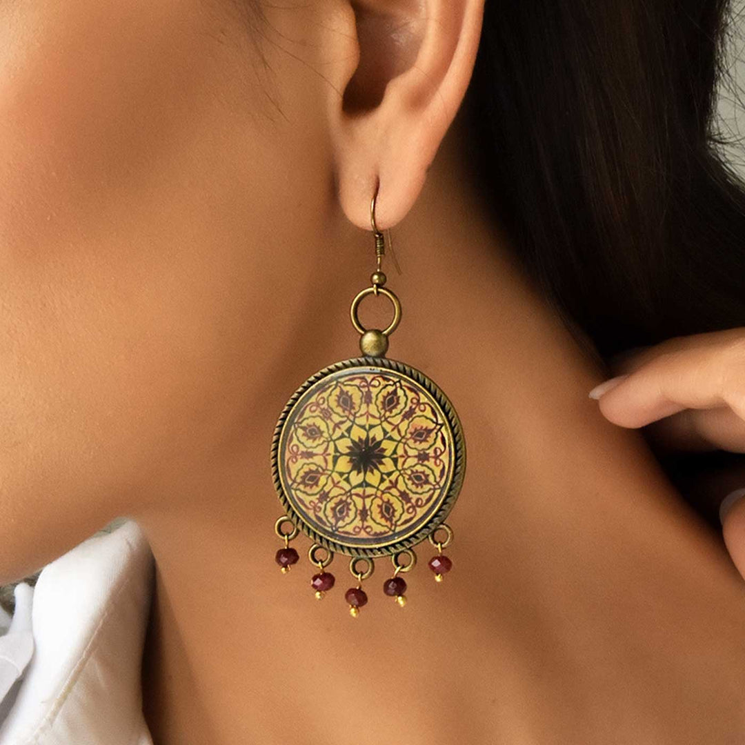 Yellow Floral Queen’s Dome Mandala Metal Earrings