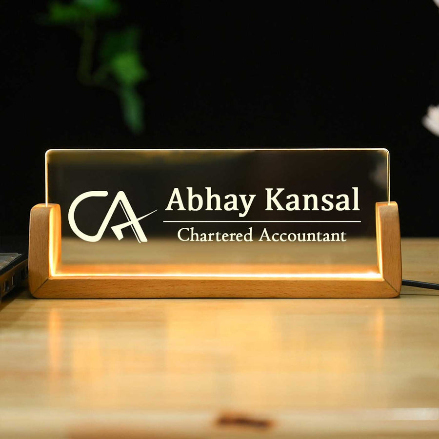 Personalized Chartered Accountant Sleek Glass Desk Nameplate With Led Light - Front View Illuminated Desk Display