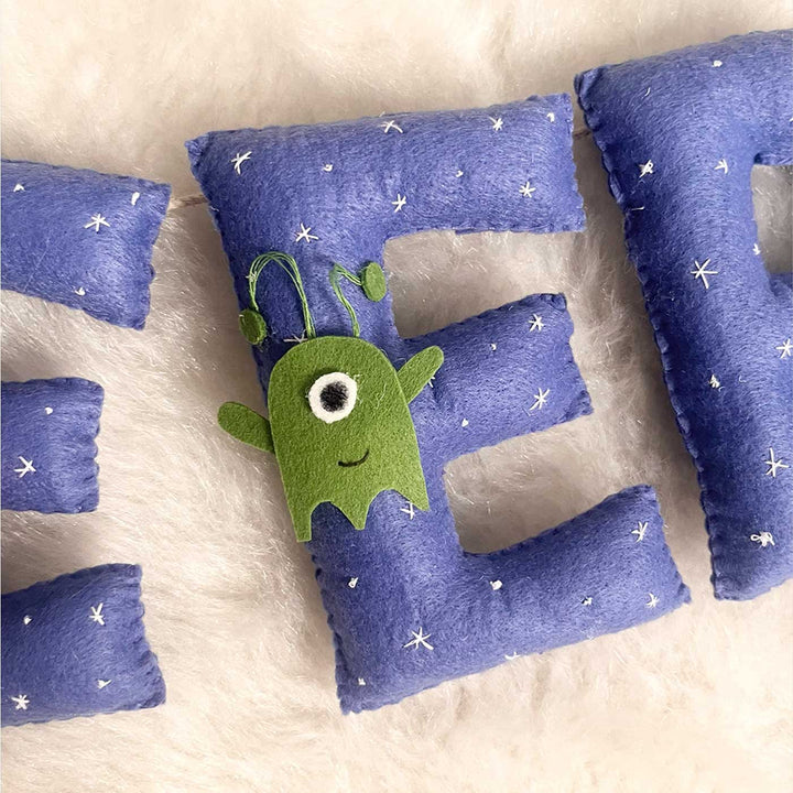 Handcrafted Personalized Space Themed Bunting For Kids - Top View Close-up Showing Details