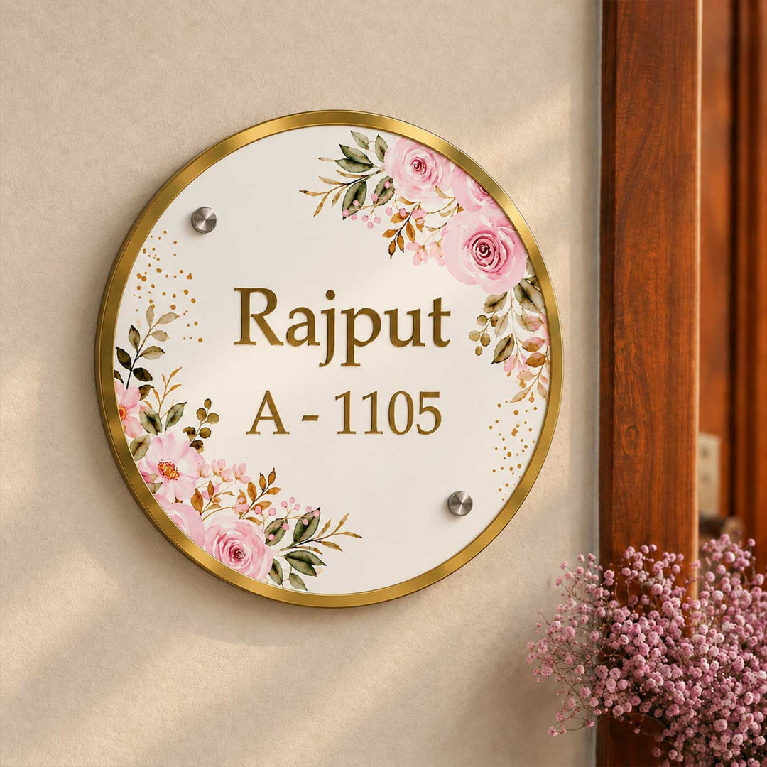 Elegant Rose Floral Personalized Round Acrylic Name Plate For Home