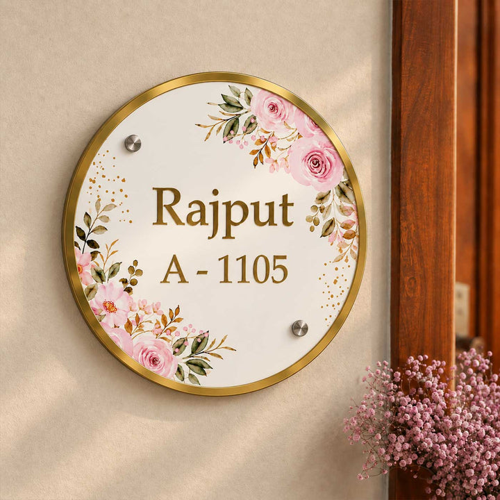 Elegant Rose Floral Personalized Round Acrylic Name Plate For Home