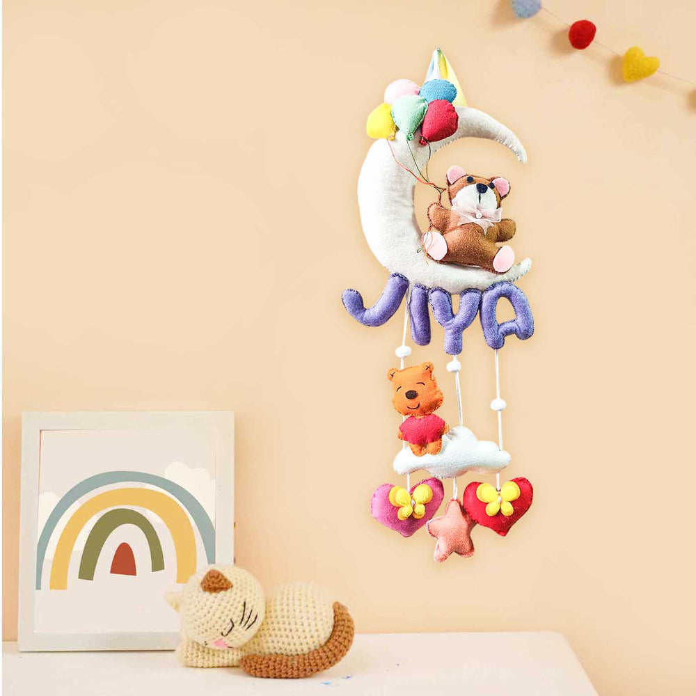 Personalized Moon And Teddy Theme Felt Kids Name Plate - Hanging Wall Decoration Display