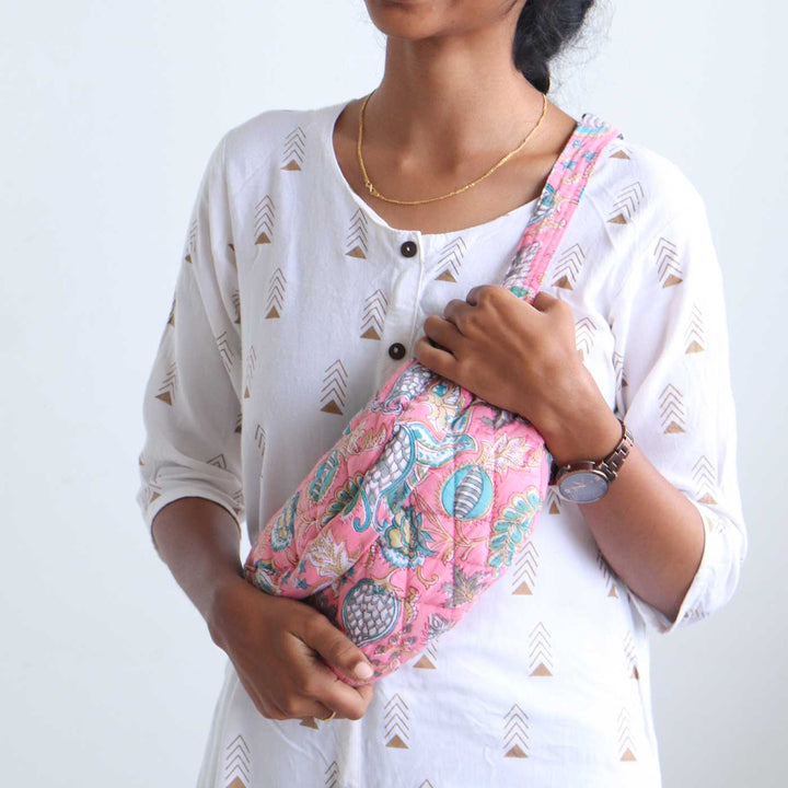 Handmade Block Printed Cotton Pink And Blue Belt Bag
