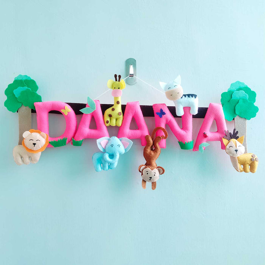 Personalized Pink Jungle Theme Felt Kids Name Plate - Front View Hanging on Hook
