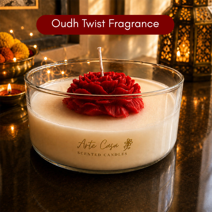 Crimson Bloom Red Basket Diwali Gift Hamper With Red Flower Soy Wax Candle And German Silver Tealight Holder For Festive Gifting