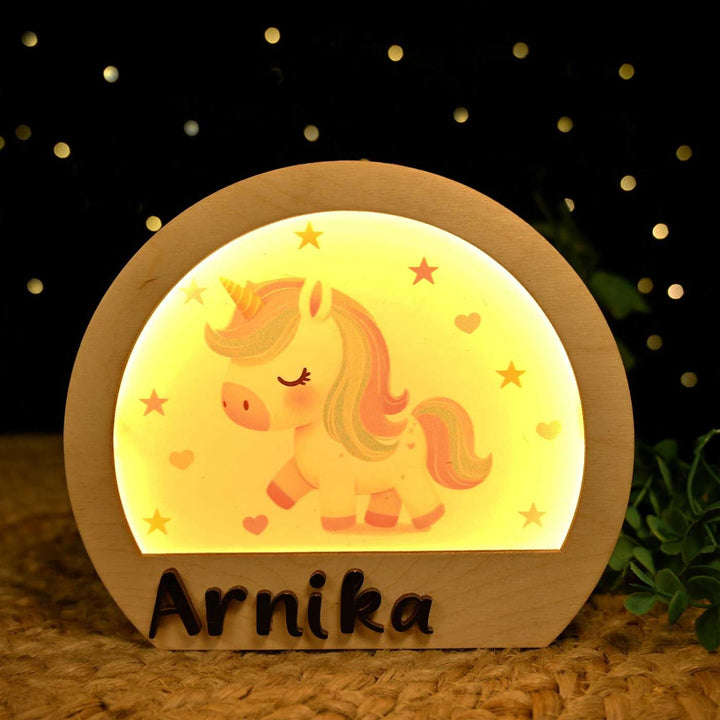 Personalized Unicorn Theme Wooden Table Lamp For Kids With 3D Letters