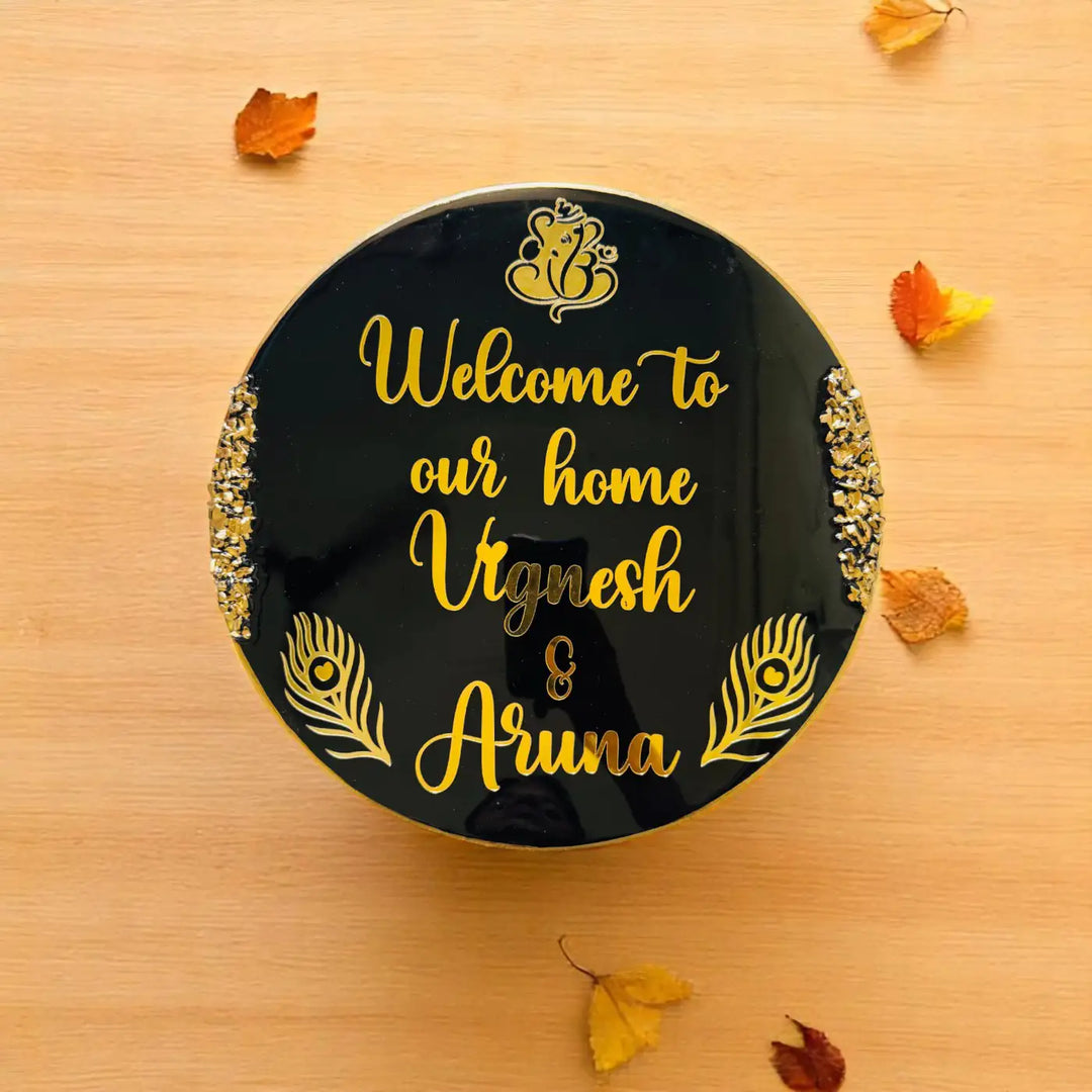 Black Feathers Personalized Round Resin Name Plate | With 3D Acrylic Letters & Gold Stone Embellishment