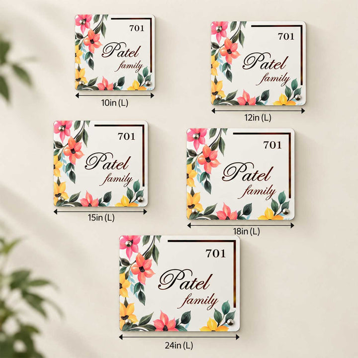 Floral Multicolour Personalized Square Acrylic Name Plate For Home