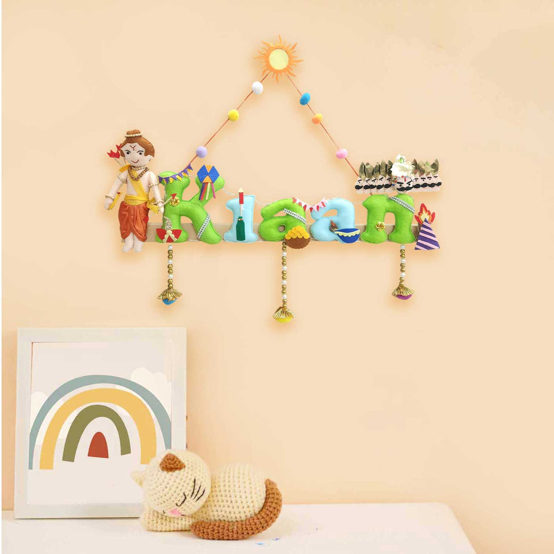 Personalized Shri Ram Ji And Ravan Theme Felt Kids Name Plate - Mounted on Wall Display