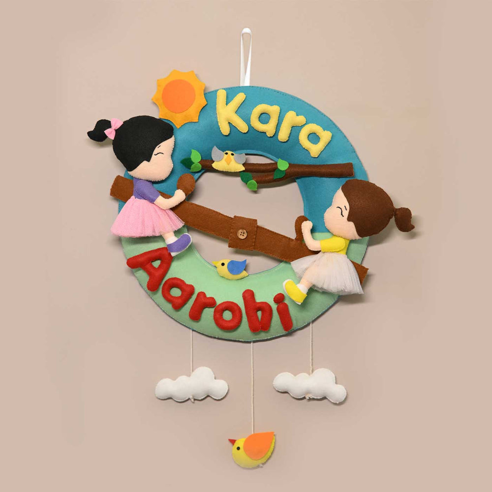 Personalized See Saw Theme Round Felt Kids Nameplate For Siblings - Hanging Wall Decoration Front View
