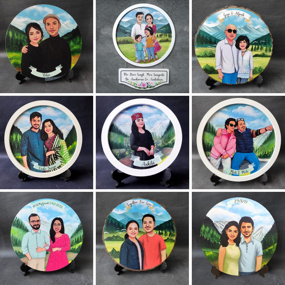 Photo Caricature Hanging Nameplate Couples 2 - Front View on Stand Display