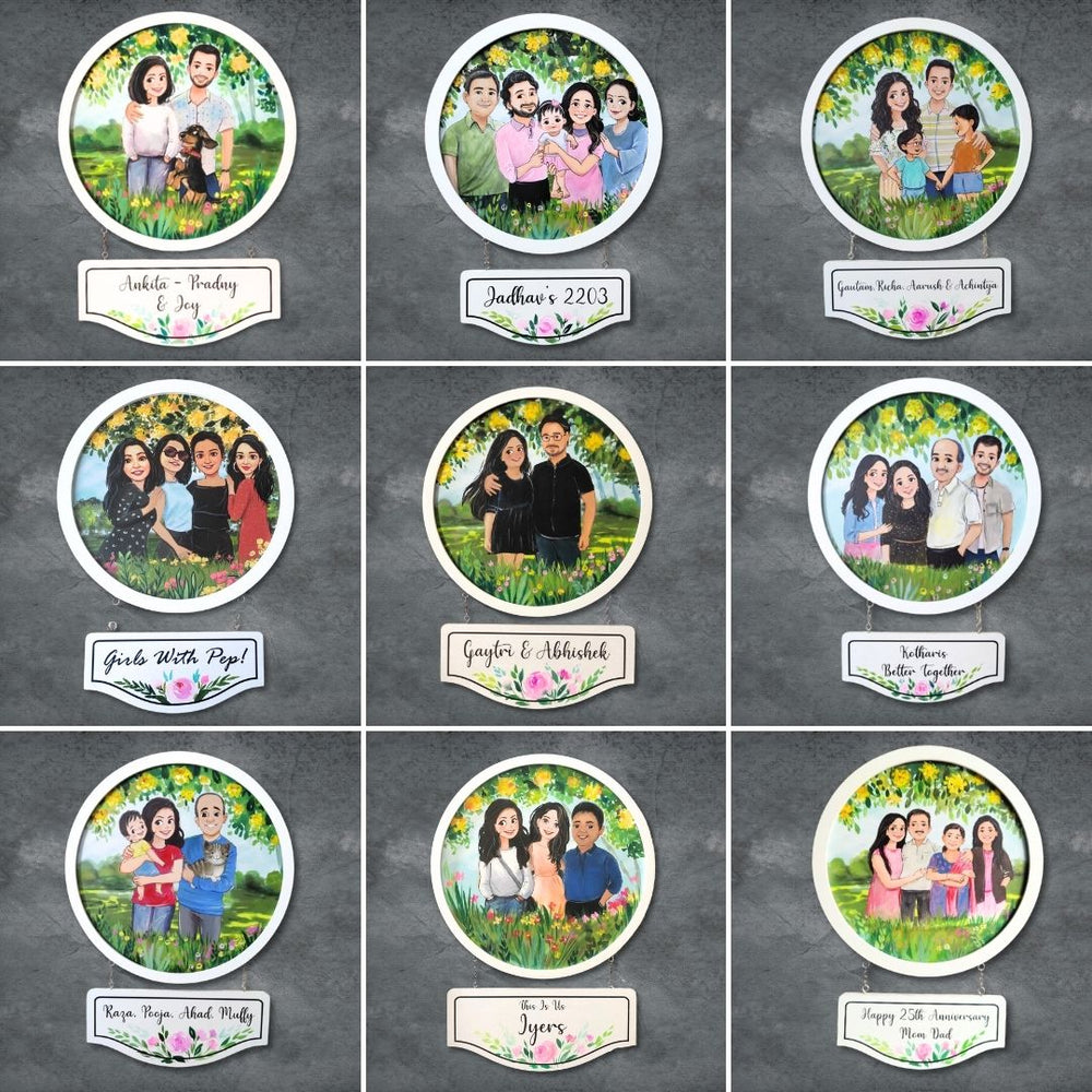 Photo Caricature Hanging Nameplate Large Family 2 - Front View with Personalized Nameplate