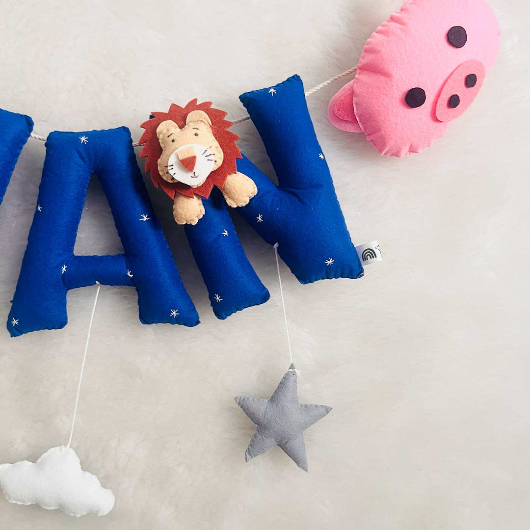 Handcrafted Personalized Animal Kingdom Bunting For Kids - Close-up of Hanging Letter and Toy Details