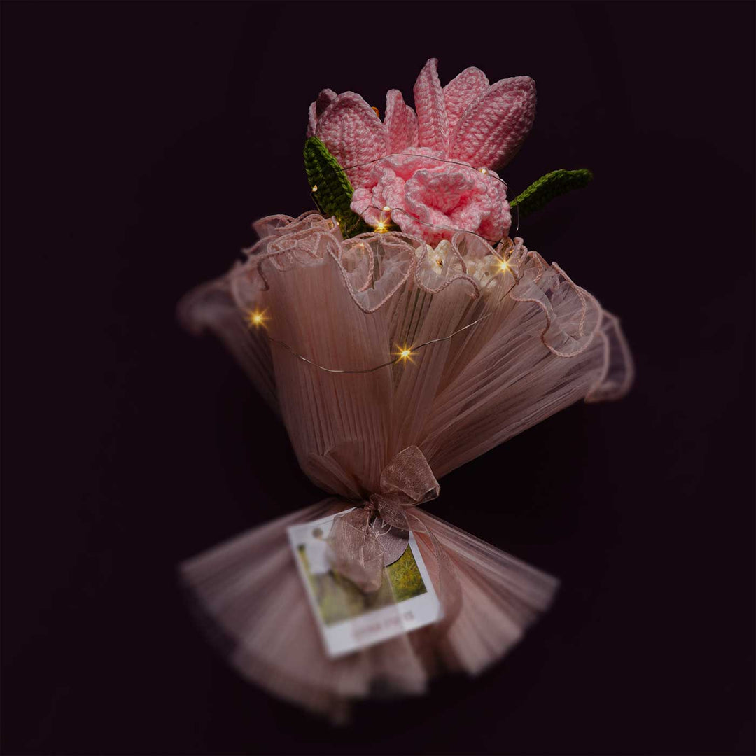 Handmade Crochet Pearl Petals Flower Bouquet With Lights | Includes Photo & Greeting Card