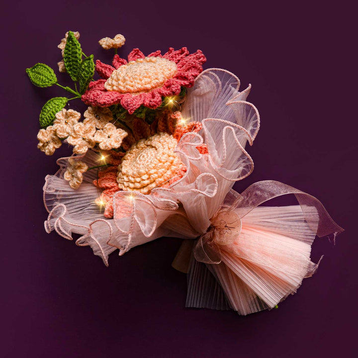 Handmade Crochet Bare Bloom Flower Bouquet With Lights | Includes Photo & Greeting Card