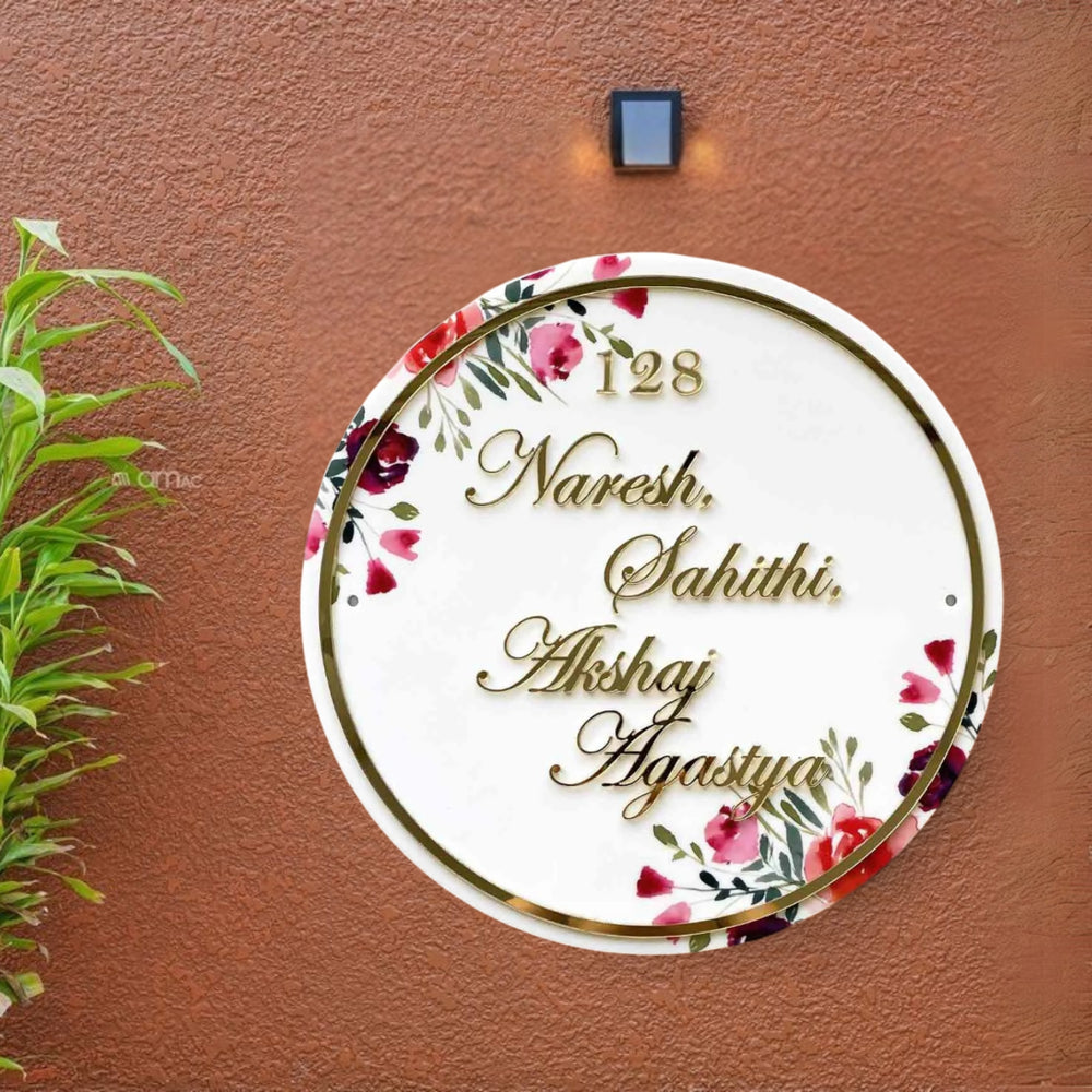 Personalised Printed Floral Round Acrylic Nameplate Copy 3 - Front View Mounted on Wall