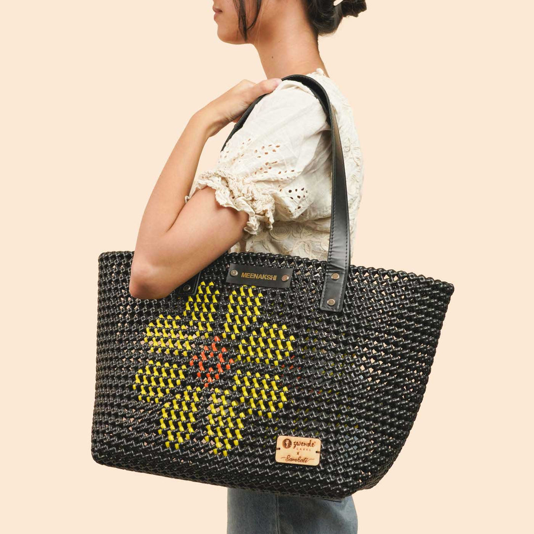 Black Side Flower Design Mukhya Knot Handmade Koodai Market Bag