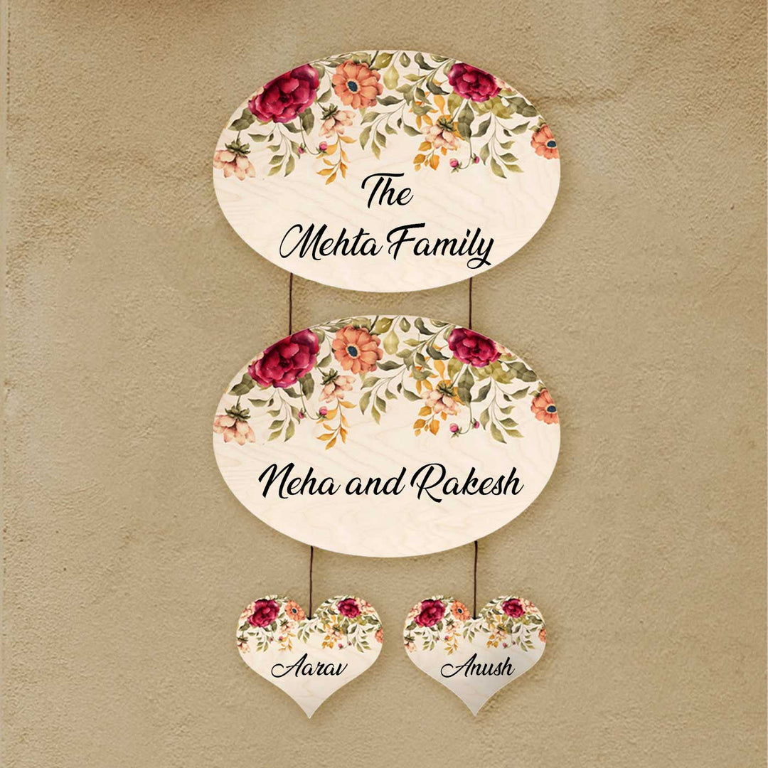 Printed Red And Orange Floral Wooden Oval Nameplate For Family - Hanging on Wall with Personalization