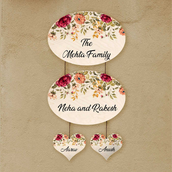 Printed Red And Orange Floral Wooden Oval Nameplate For Family - Hanging on Wall with Personalization