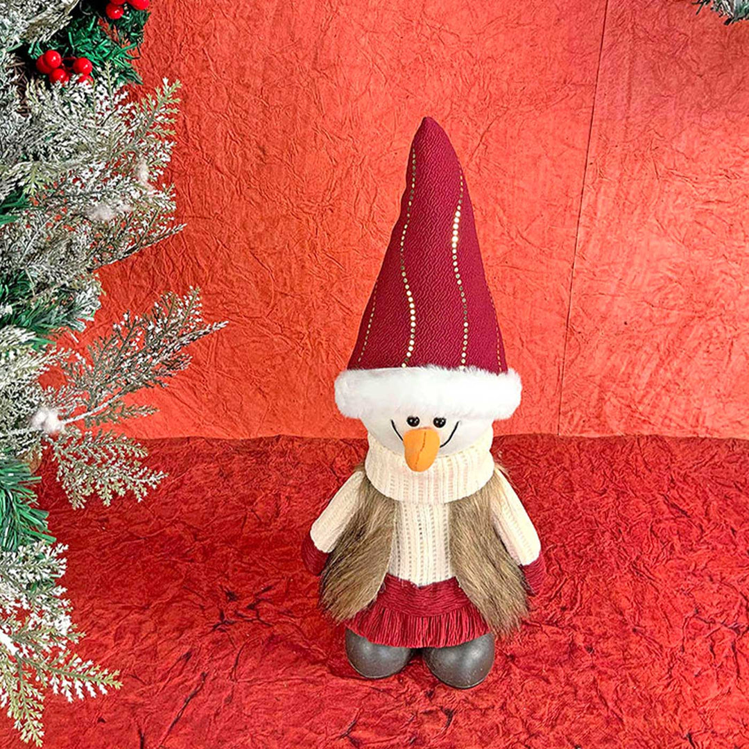 Cream Maroon Gold Self-Standing Snowman Woolen Decor For Christmas Table Decoration