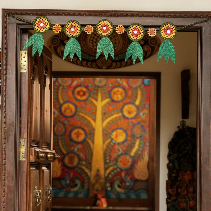 41 In | Multicoloured Mirror Embellished Eco-Friendly Handmade Woven Bamboo Hanging