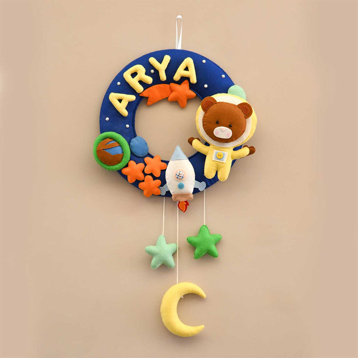 Personalized Space Voyager Theme Round Felt Kids Nameplate - Front View Hanging with Name Personalization