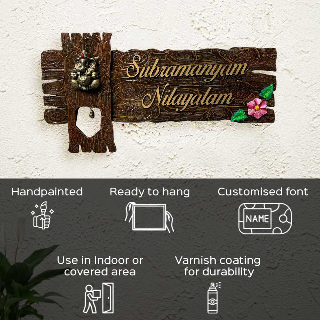 Personalized Ganesha Theme Mdf Wood Name Plate - Mounted on Wall Showing Personalization