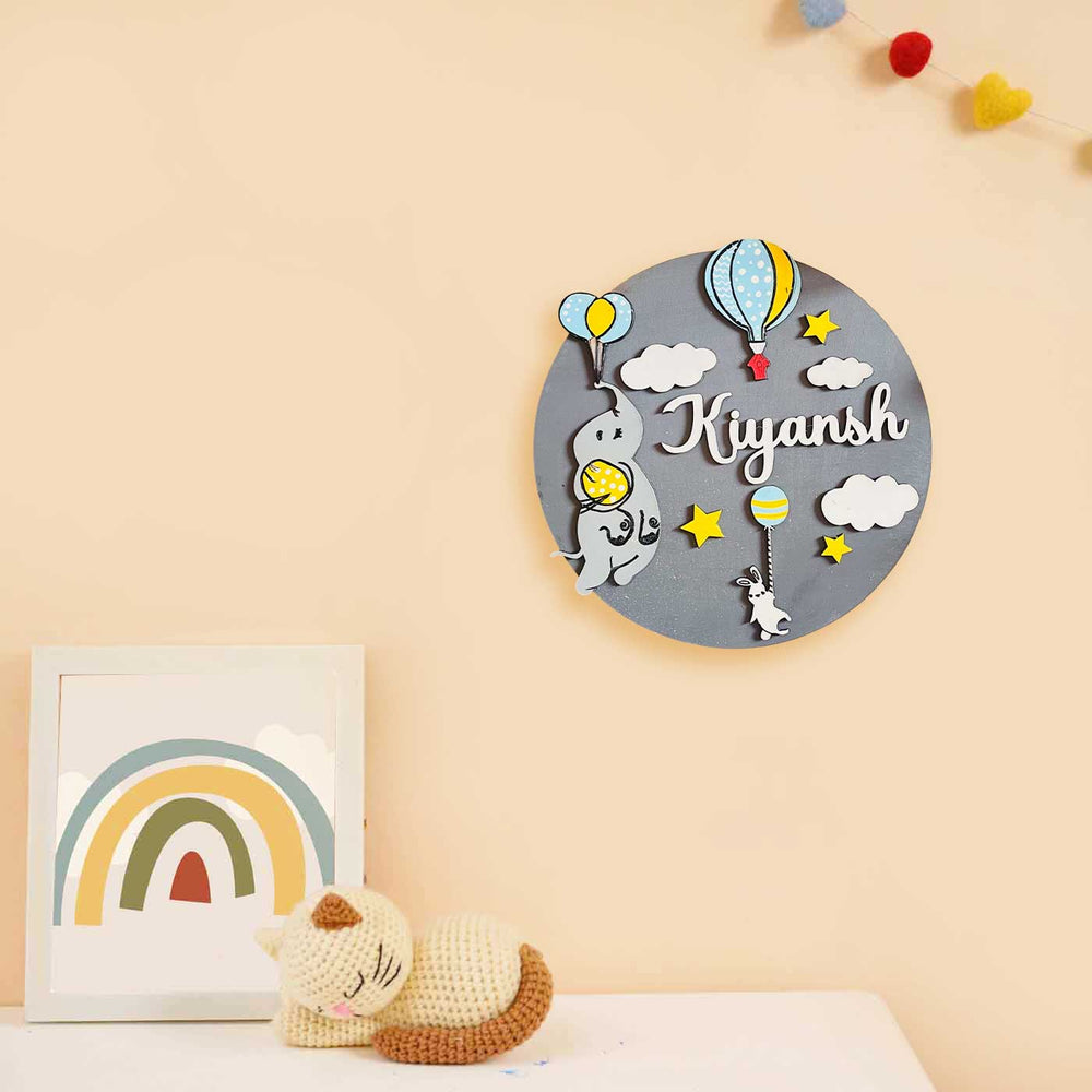 Personalized Hand Painted Flying Dumbo Mdf Wood Kids Name Plate - Mounted on Wall with Name Personalization