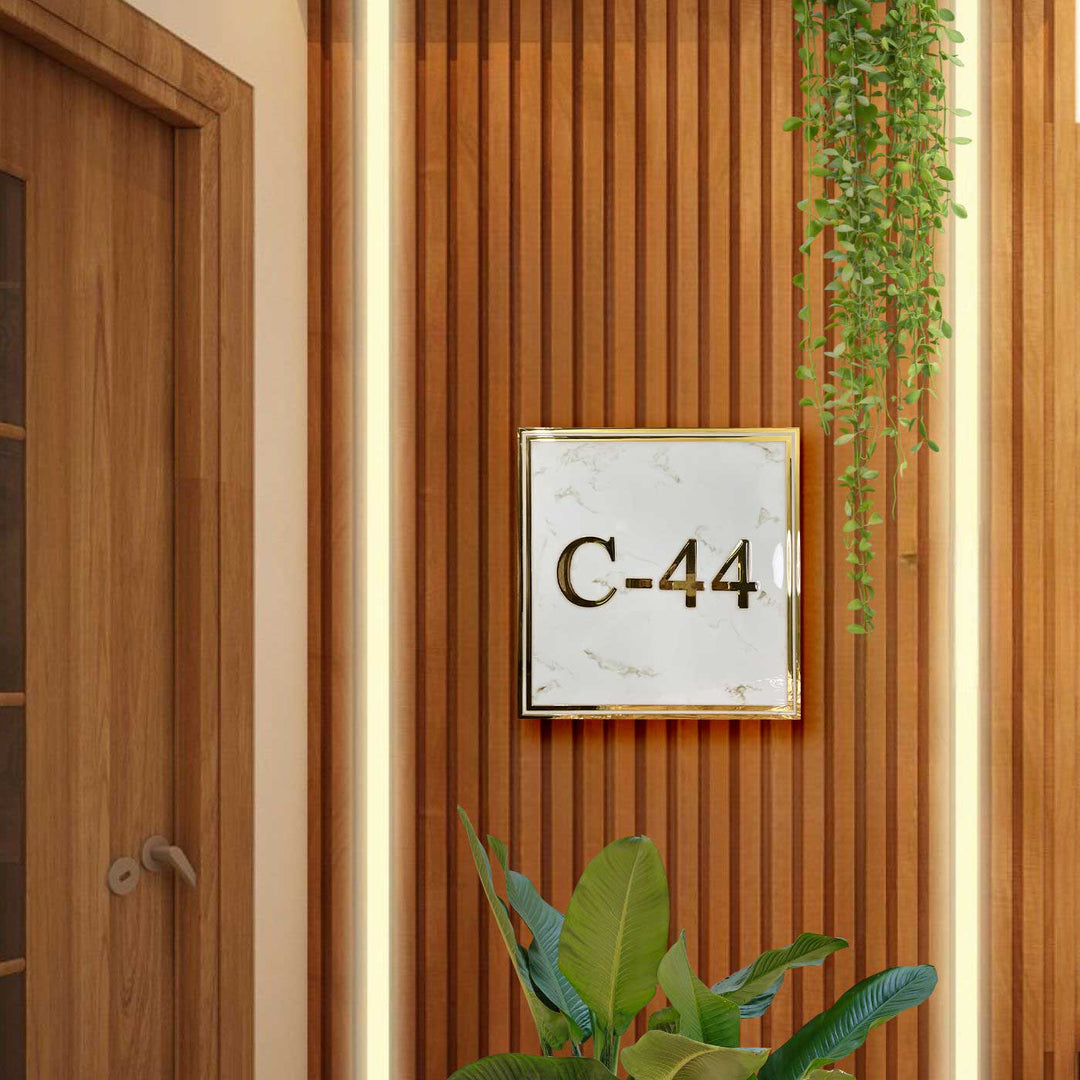 Personalized White And Gold Wave Textured Resin Name Plate - Mounted on Wood Slat Wall