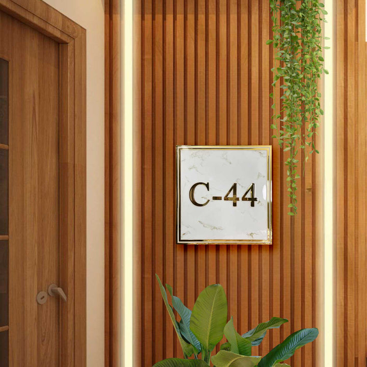 Personalized White And Gold Wave Textured Resin Name Plate - Mounted on Wood Slat Wall