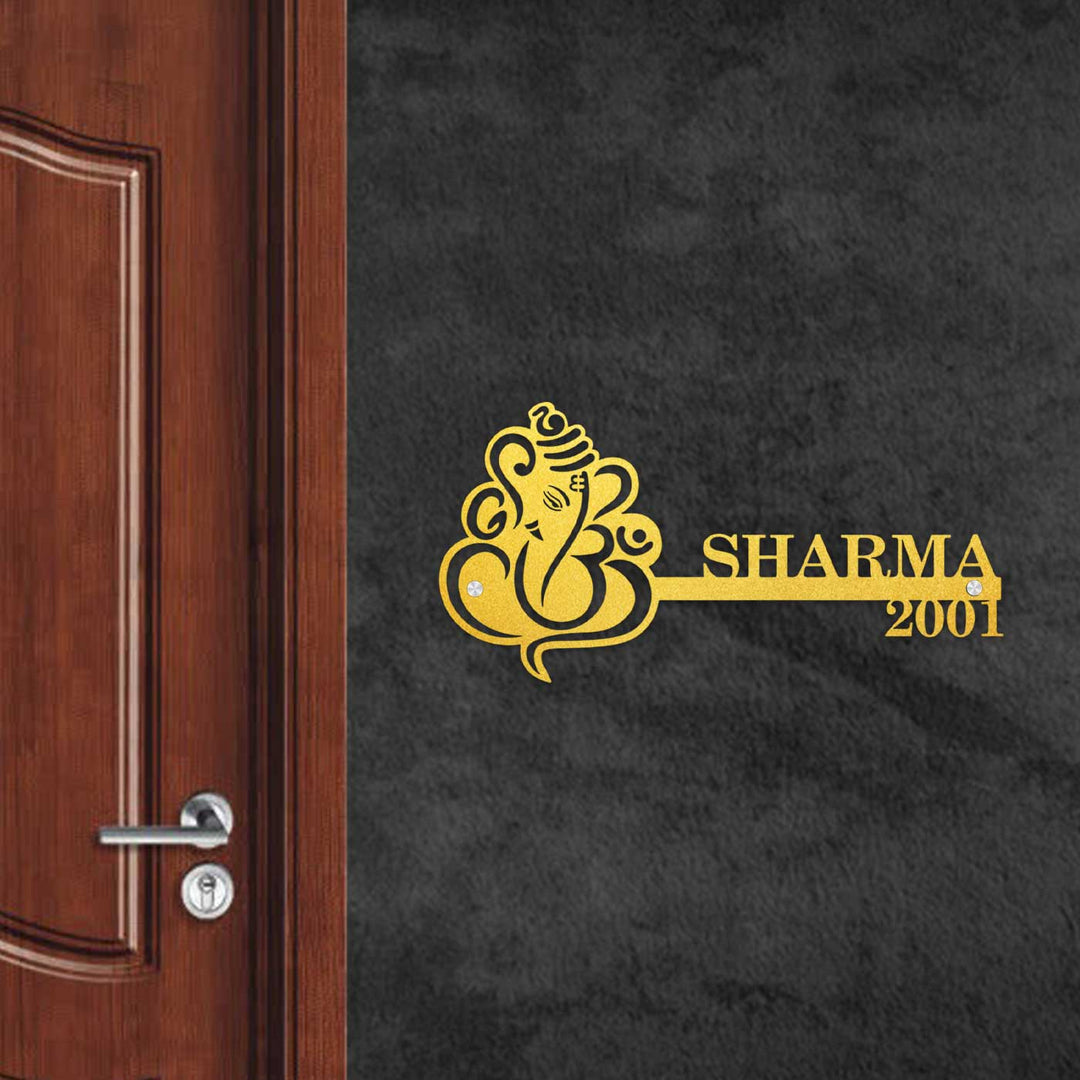 Personalized Ganesha Laser Cut Metal Name Plate - Mounted on Wall beside Door