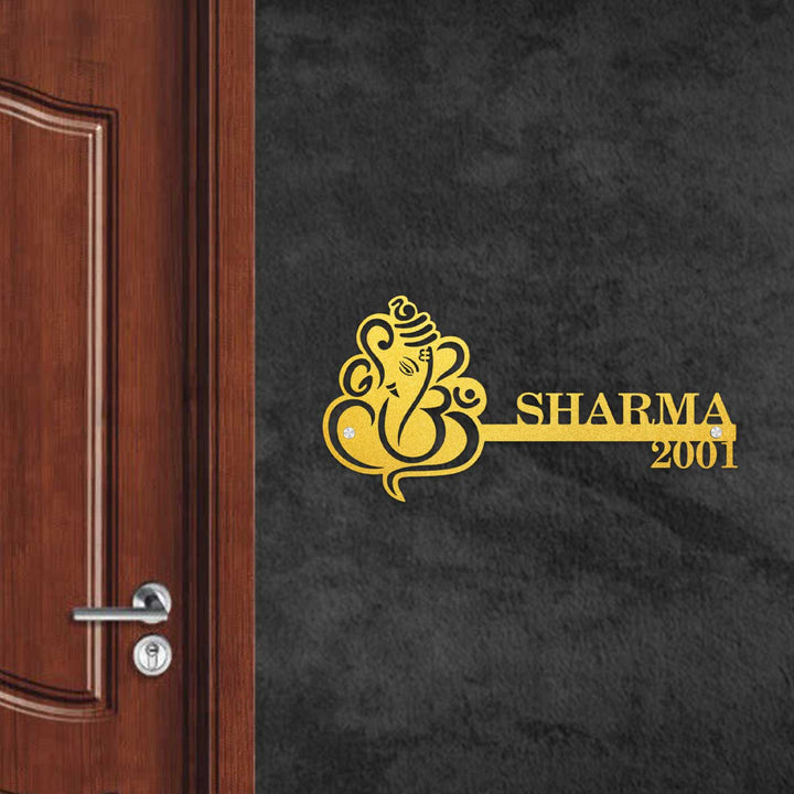 Personalized Ganesha Laser Cut Metal Name Plate - Mounted on Wall beside Door