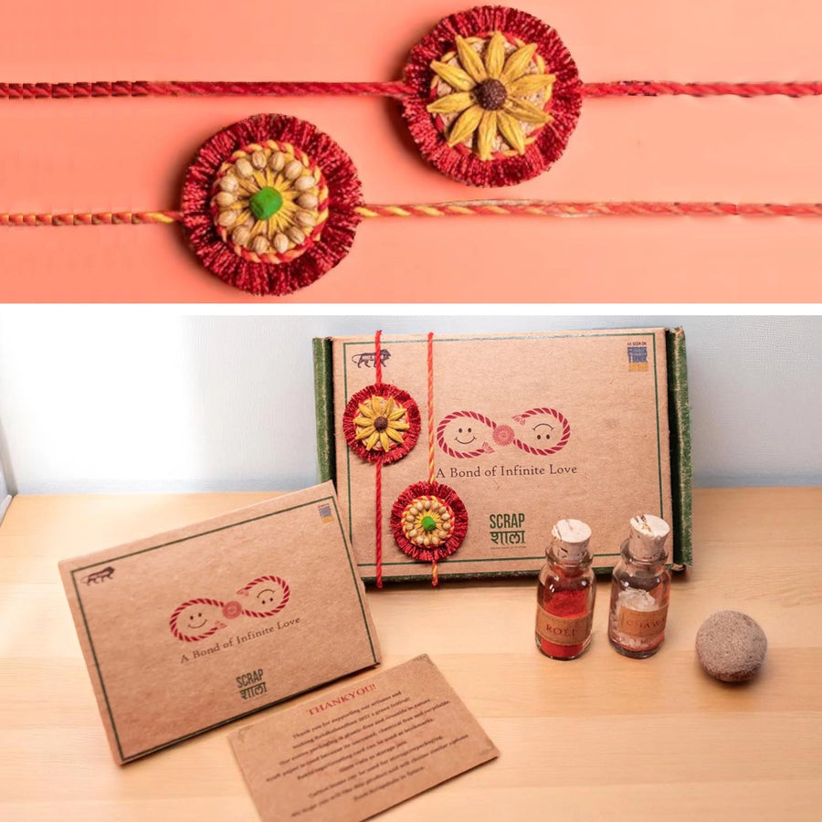 Akkad Bakkad Plantable Handmade Cork Sibling Rakhi Hamper With Roli Chawal - Close-up of Rakhi threads