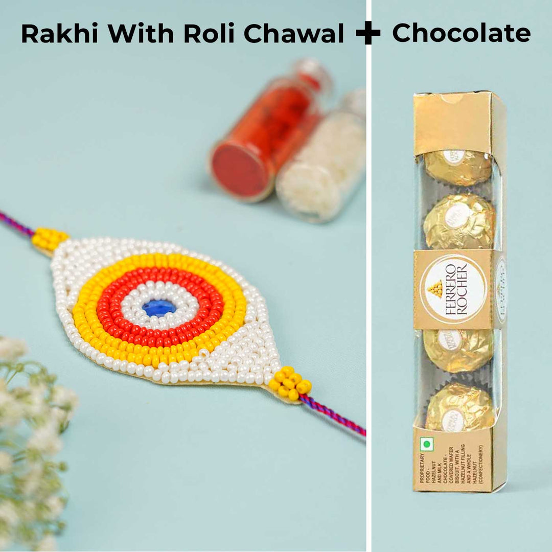 Handmade Beaded Colourful Evil Eye Rakhi With Roli Chawal - Rakhi with Roli Chawal and Chocolate