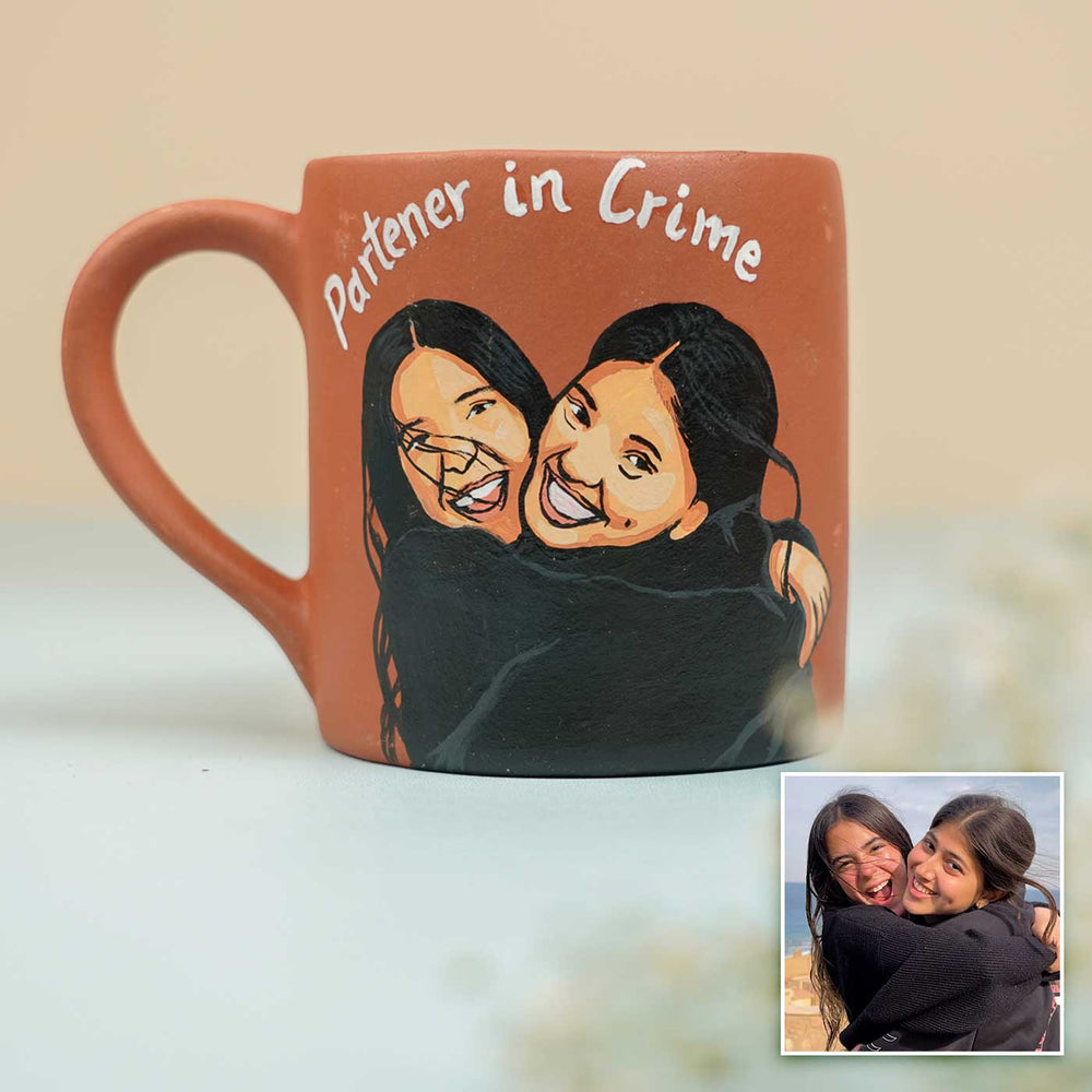 Photo Personalized Handmade Partner In Crime Rakhi Hamper Includes 1 Mug 2 Rakhi - Hand-painted Mug Front View